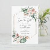 Tropical Palm Floral Blush Geometric Save the Date Kaart (Staand voorkant)