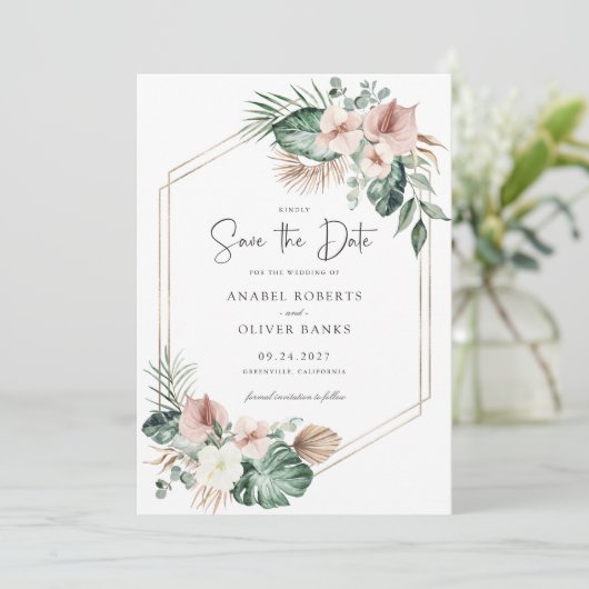 Tropical Palm Floral Blush Geometric Save the Date Kaart (Staand voorkant)