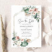 Tropical Palm Floral Blush Geometric Save the Date Kaart