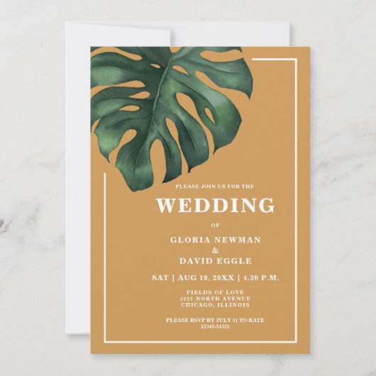 Tropical Palm Leaf Monstera Wedding Invitation Kaart (Voorkant)