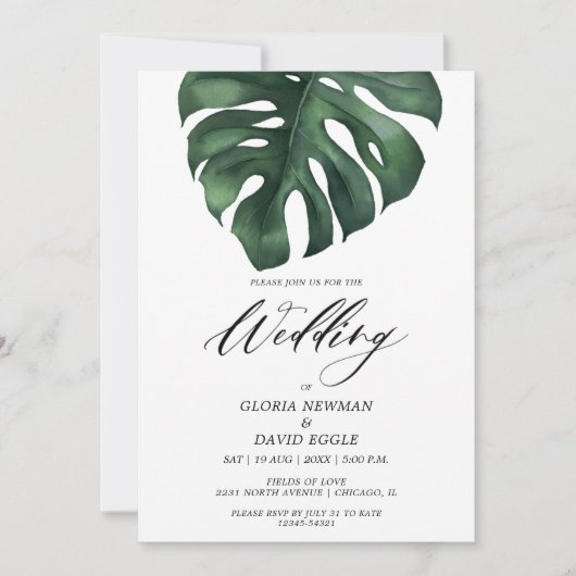 Tropical Palm Leaf Monstera Wedding Invitation Kaart (Voorkant)