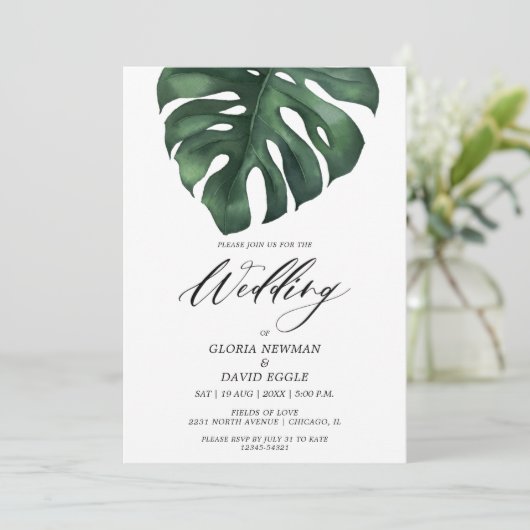 Tropical Palm Leaf Monstera Wedding Invitation Kaart (Staand voorkant)