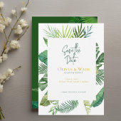 Tropical Palm Leaf Script Save-the-Date Uitnodigin Kaart