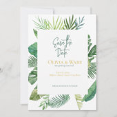 Tropical Palm Leaf Script Save-the-Date Uitnodigin Kaart (Voorkant)