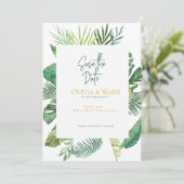 Tropical Palm Leaf Script Save-the-Date Uitnodigin Kaart (Staand voorkant)