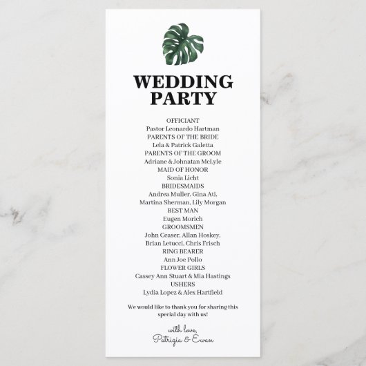 Tropical Palm Leaf Wedding Flat-programma Programmakaart (Achterkant)