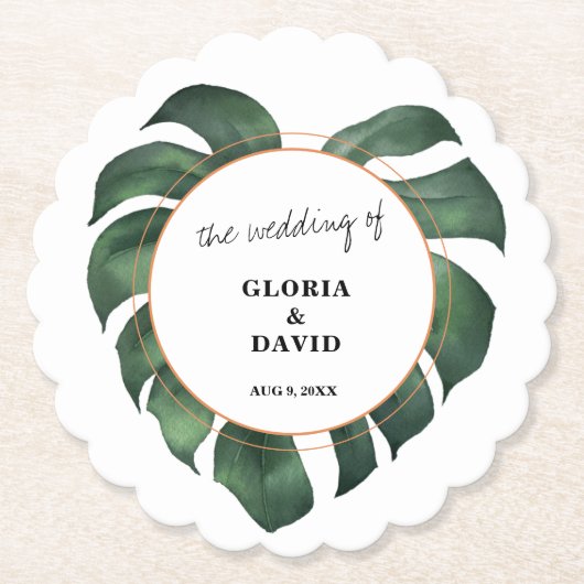 Tropical Palm Leaf  Wedding Kartonnen Onderzetters (Voorkant)