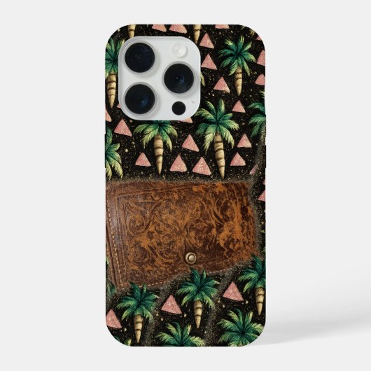  Tropical Palm & Leather Wallet Pattern iPhone 15  Hoesje (Achterkant)