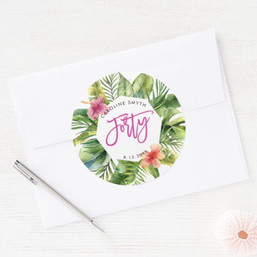 Tropical Palm Leaves 40e verjaardagsfeestje sticke Ronde Sticker (Envelop)