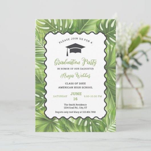 Tropical Palm Leaves Afstuderen Invitation Kaart (Staand voorkant)