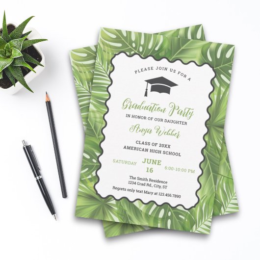 Tropical Palm Leaves Afstuderen Invitation Kaart