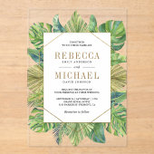 Tropical Palm Leaves Gold Wedding Acryl Uitnodigingen (Voorkant)