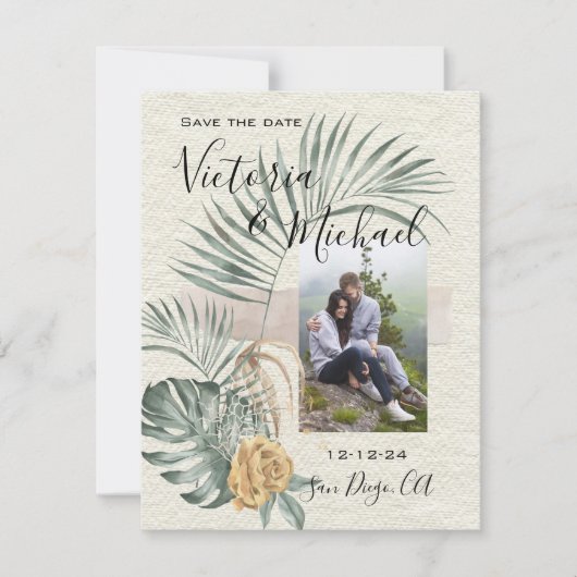 Tropical Palm Leaves wedding Photo Save the date Kaart (Voorkant)