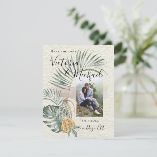 Tropical Palm Leaves wedding Photo Save the date Kaart (Staand voorkant)