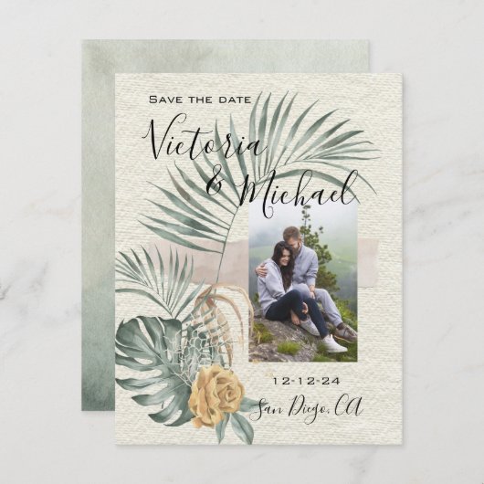 Tropical Palm Leaves wedding Photo Save the date Kaart