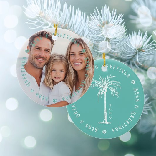 Tropical Palm Seas & Greetings Christmas Photo Keramisch Ornament