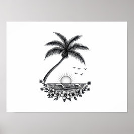 Tropical Palm Sunset – Minimalist Beach Line Art Poster