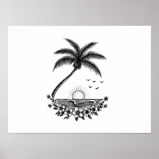 Tropical Palm Sunset – Minimalist Beach Line Art  Poster (Voorkant)