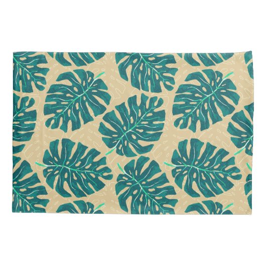 Tropical Palm Teal Beige Kussensloop (Achterkant)