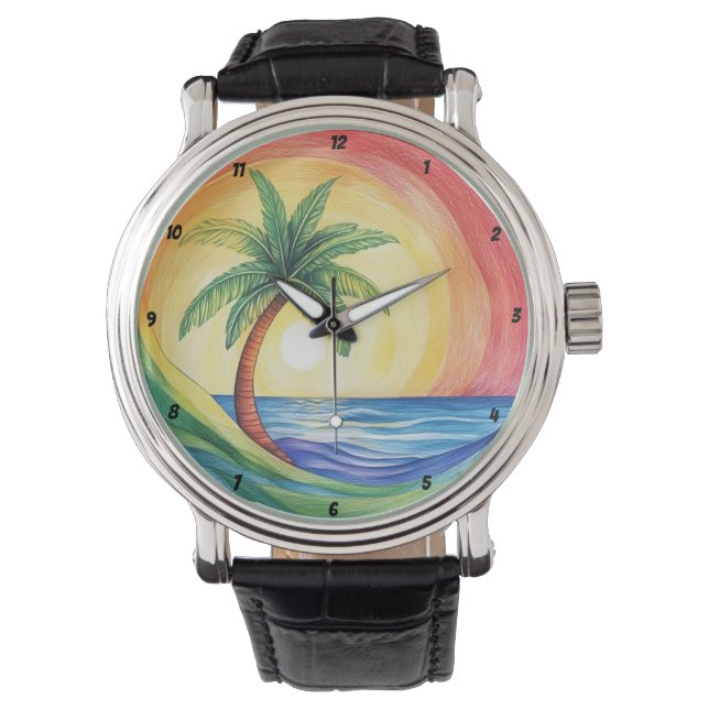 Tropical Palm Tree and Ocean Inspired Artwork Horloge (Voorkant)