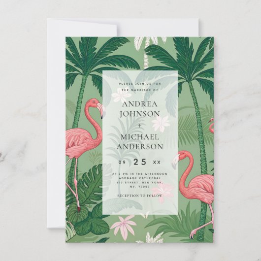 Tropical Palm Tree Flamingo Destination Wedding Kaart (Voorkant)