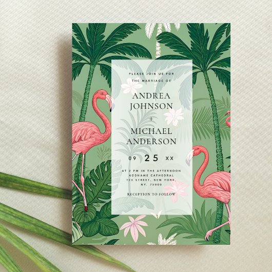 Tropical Palm Tree Flamingo Destination Wedding Kaart
