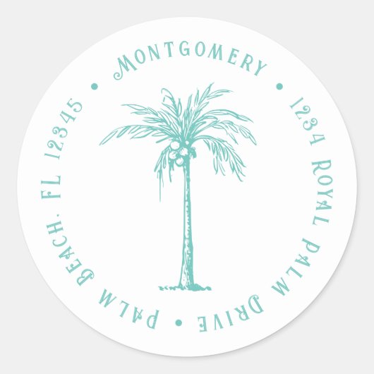 Tropical Palm Tree Gepersonaliseerd Retour Adres Ronde Sticker (Voorkant)