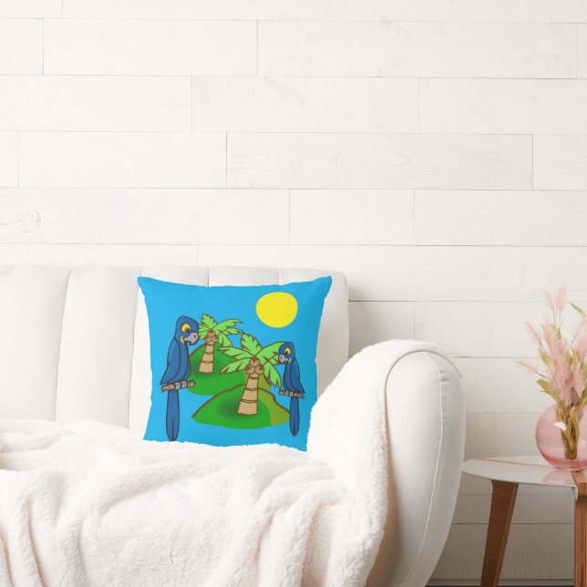 Tropical Palm Tree Hyacinth Macaw Art Throw Pillow Kussen (Bank)