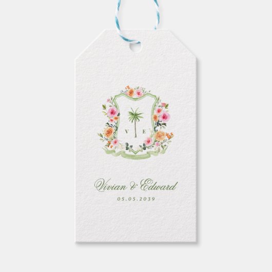Tropical Palm Tree Monogram Crest Beach Wedding Cadeaulabel (Voorkant)