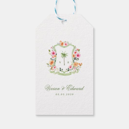 Tropical Palm Tree Monogram Crest Beach Wedding Cadeaulabel (Achterkant)
