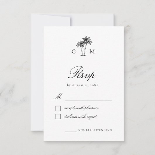 Tropical Palm Tree Monogram Destination Wedding RSVP Kaartje (Voorkant)