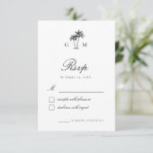 Tropical Palm Tree Monogram Destination Wedding RSVP Kaartje (Staand voorkant)