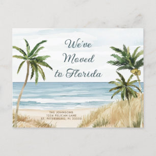 Tropical Palm Trees Beach Scene Nieuw Adres Aankondigingskaart
