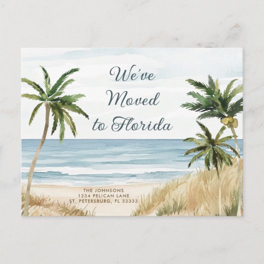 Tropical Palm Trees Beach Scene Nieuw Adres Aankondigingskaart (Voorkant)
