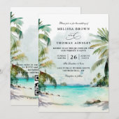 Tropical Palm Trees Beach Scene QR Code Wedding Kaart (Voorkant / Achterkant)