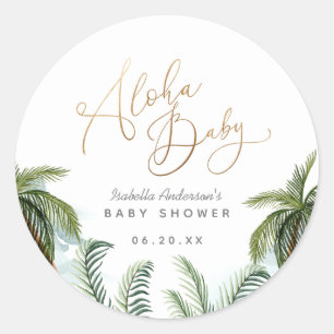 Tropical Palm Trees Gold Script Aloha Baby shower Ronde Sticker