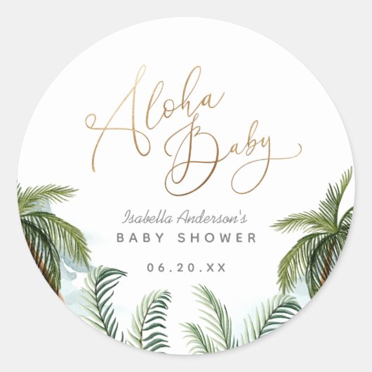 Tropical Palm Trees Gold Script Aloha Baby shower Ronde Sticker (Voorkant)