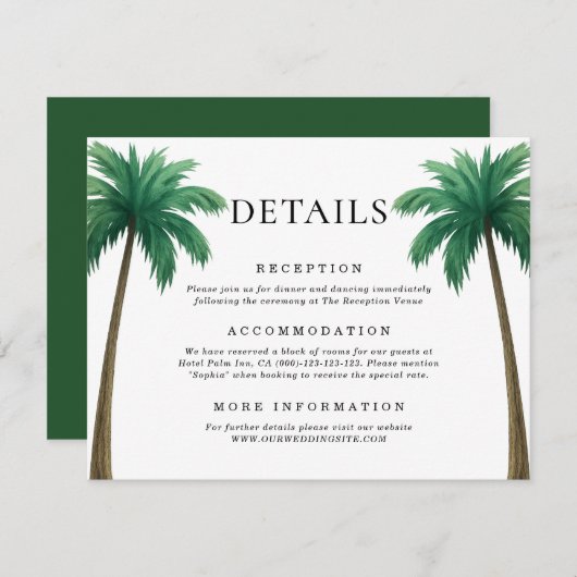 Tropical Palm Trees Minimal Beach Wedding Details Informatiekaartje (Voorkant / Achterkant)