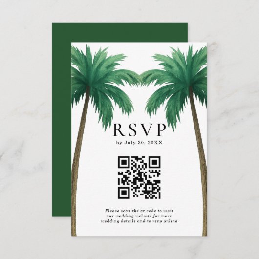 Tropical Palm Trees Minimal Beach Wedding QR Code RSVP Kaartje (Voorkant / Achterkant)