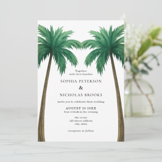 Tropical Palm Trees Minimal Photo Beach Wedding Kaart (Staand voorkant)