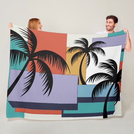 Tropical Palms on Geometric Sunset Background Fleece Deken (In situ)