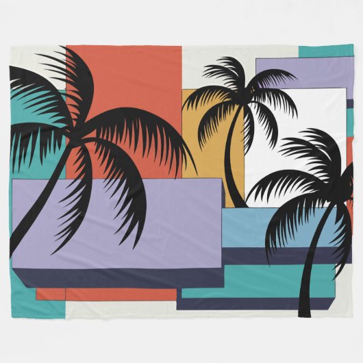 Tropical Palms on Geometric Sunset Background Fleece Deken (Voorkant (Horizontaal))