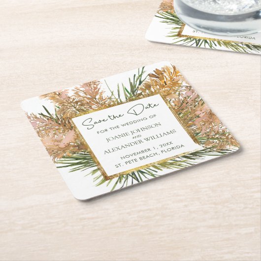 Tropical Pampas Grass Wedding Save the Date Kartonnen Onderzetters (Schuin)