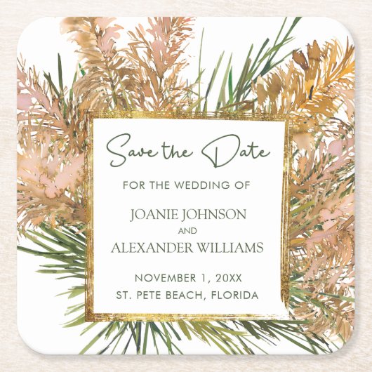 Tropical Pampas Grass Wedding Save the Date Kartonnen Onderzetters (Voorkant)