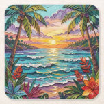 Tropical Paradise | Coastal Beach Scene Impasto Kartonnen Onderzetters<br><div class="desc">Pretty coaster with a gorgeous ai impasto oil painting style illustration of the  blue ocean,  a sandy beach surrounded by palm trees at sunset.</div>