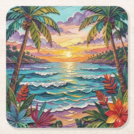 Tropical Paradise | Coastal Beach Scene Impasto Kartonnen Onderzetters (Voorkant)