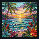 Tropical Paradise | Coastal Beach Scene Impasto Poster<br><div class="desc">Pretty poster with a gorgeous ai impasto oil painting style illustration of the blue ocean, a sandy beach surrounded by palm trees at sunset.</div>