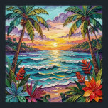 Tropical Paradise | Coastal Beach Scene Impasto Poster<br><div class="desc">Pretty poster with a gorgeous ai impasto oil painting style illustration of the  blue ocean,  a sandy beach surrounded by palm trees at sunset.</div>