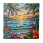 Tropical Paradise | Coastal Beach Scene Impasto Tegeltje<br><div class="desc">Pretty tile with a gorgeous ai impasto oil painting style illustration of the blue ocean, a sandy beach surrounded by palm trees at sunset.</div>