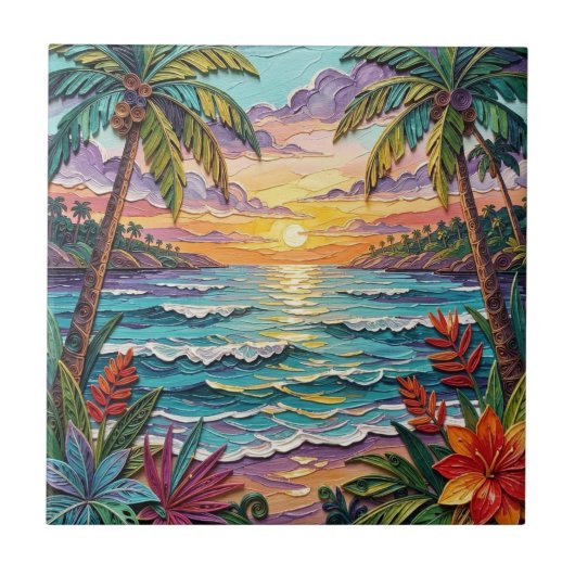 Tropical Paradise | Coastal Beach Scene Impasto Tegeltje (Voorkant)